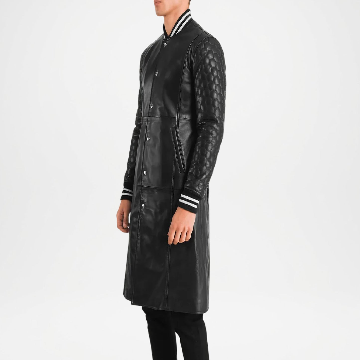 Black Leather Long Coat with Quilted Sleeves