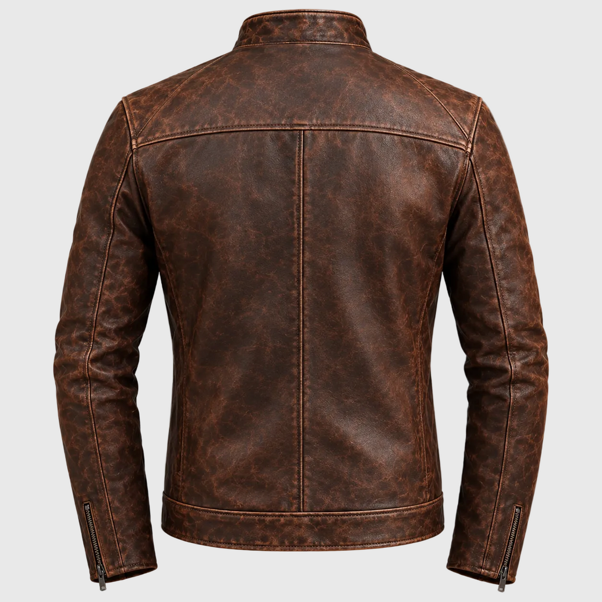 Back view of brown leather vintage jacket