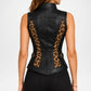 Rear view of a sleeveless black faux-leather vest with leopard-print side panels and gold-tone buckle details, worn by a model against a light gray studio background.