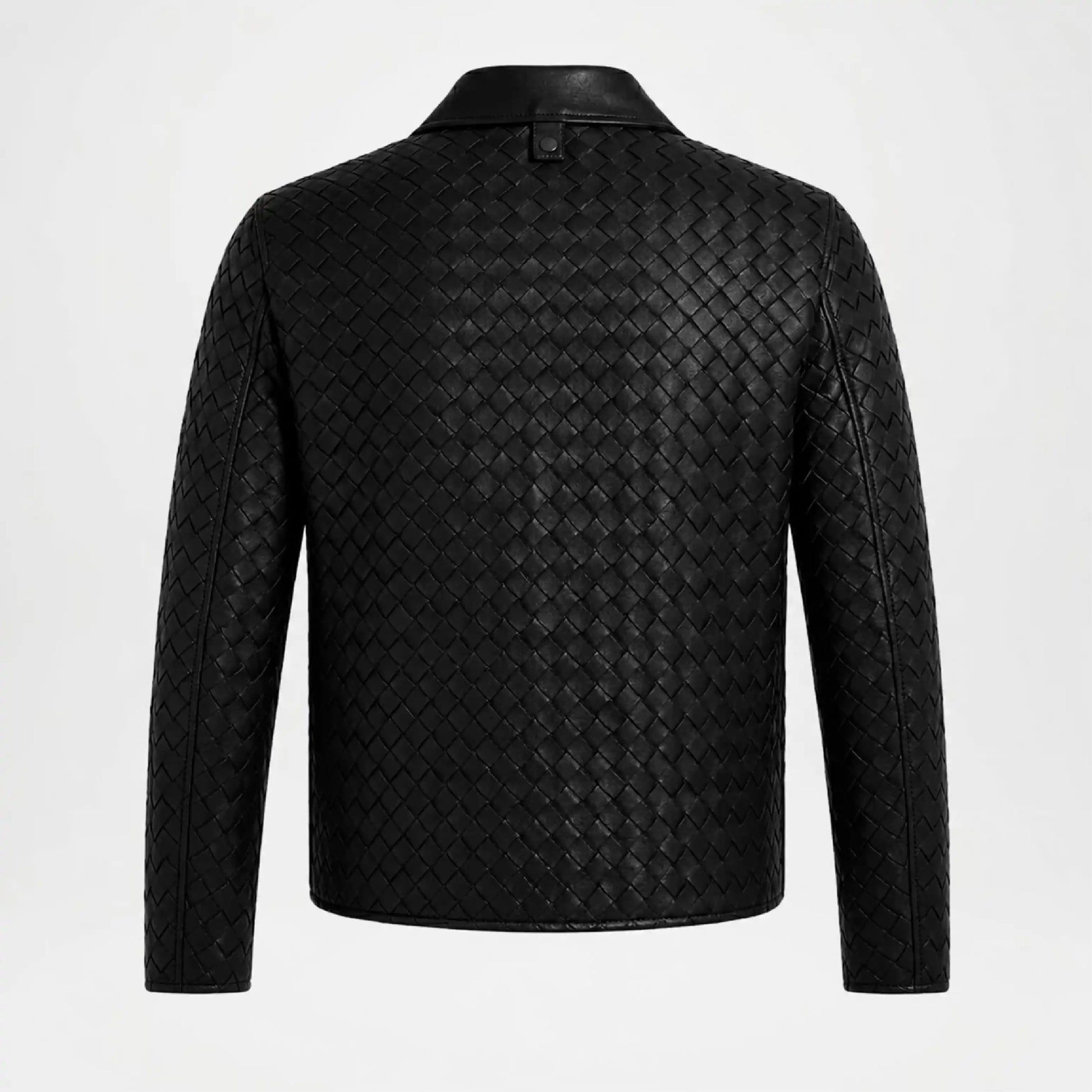 Back view of Men's Woven Leather Bomber Jacket in Black Genuine Leather