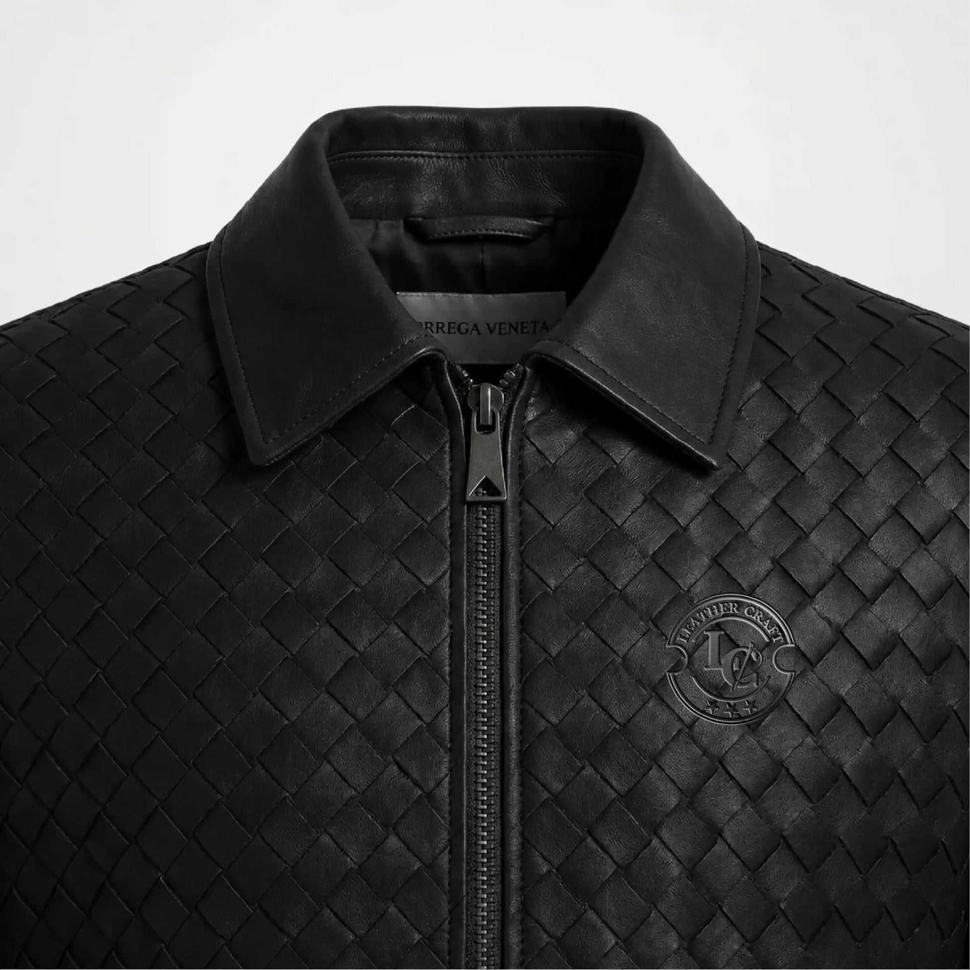 Men's Woven Leather Bomber Jacket showcasing genuine woven leather details