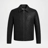 Men's Woven Leather Bomber Jacket Black Genuine Leather front view