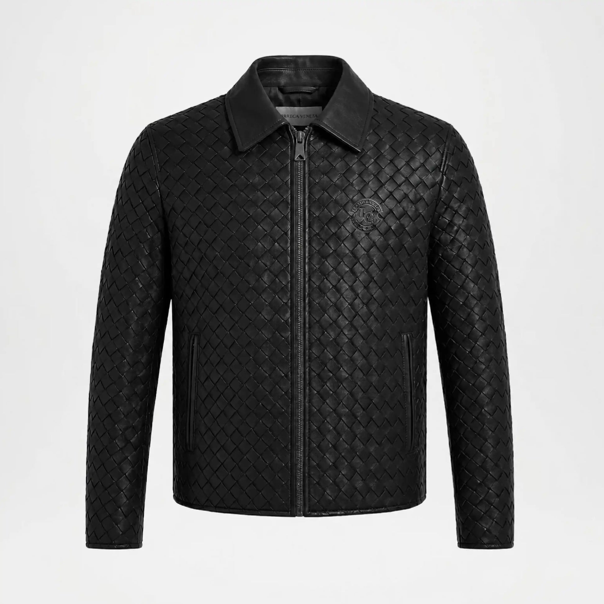 Men's Woven Leather Bomber Jacket Black Genuine Leather front view