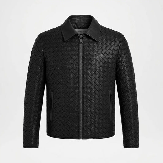 Men's Woven Leather Bomber Jacket Black Genuine Leather front view