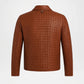 Back view of Men's Woven Leather Bomber Jacket in Brown Genuine Leather