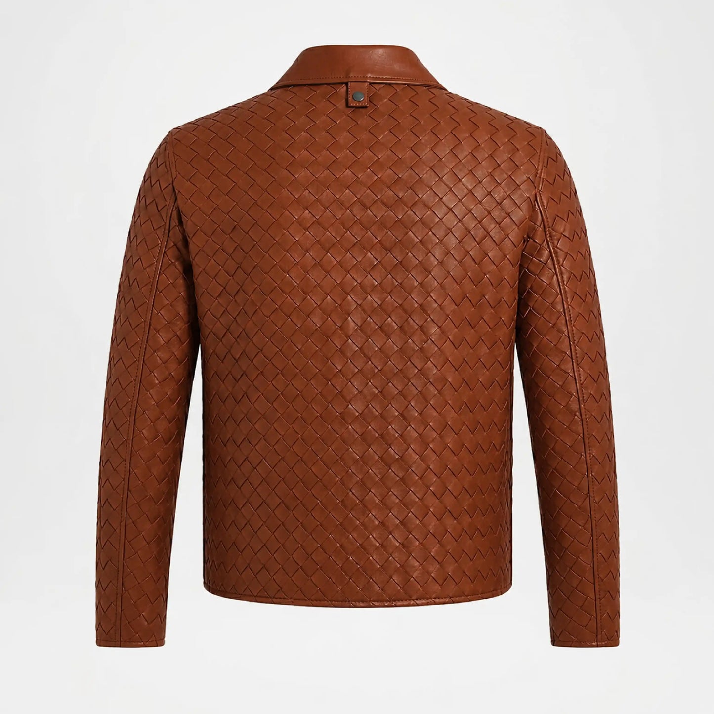 Back view of Men's Woven Leather Bomber Jacket in Brown Genuine Leather