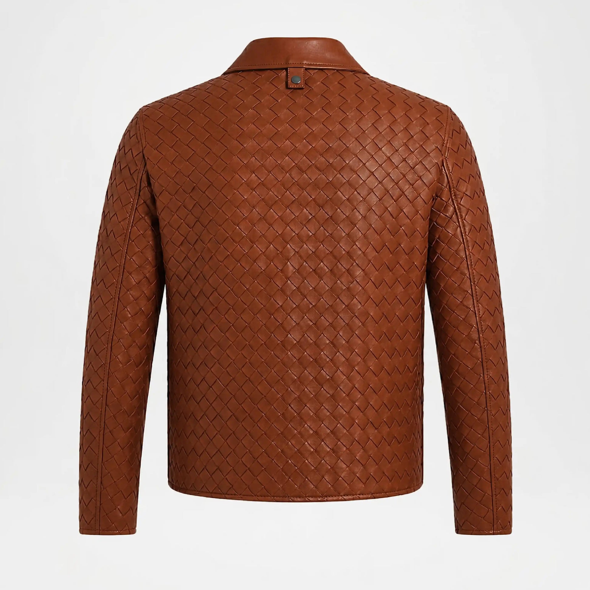 Back view of Men's Woven Leather Bomber Jacket in Brown Genuine Leather