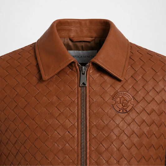 Close view of Men's Woven Leather Bomber Jacket in Brown Genuine Leather