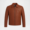 Men's Woven Leather Bomber Jacket Brown Genuine Leather front view