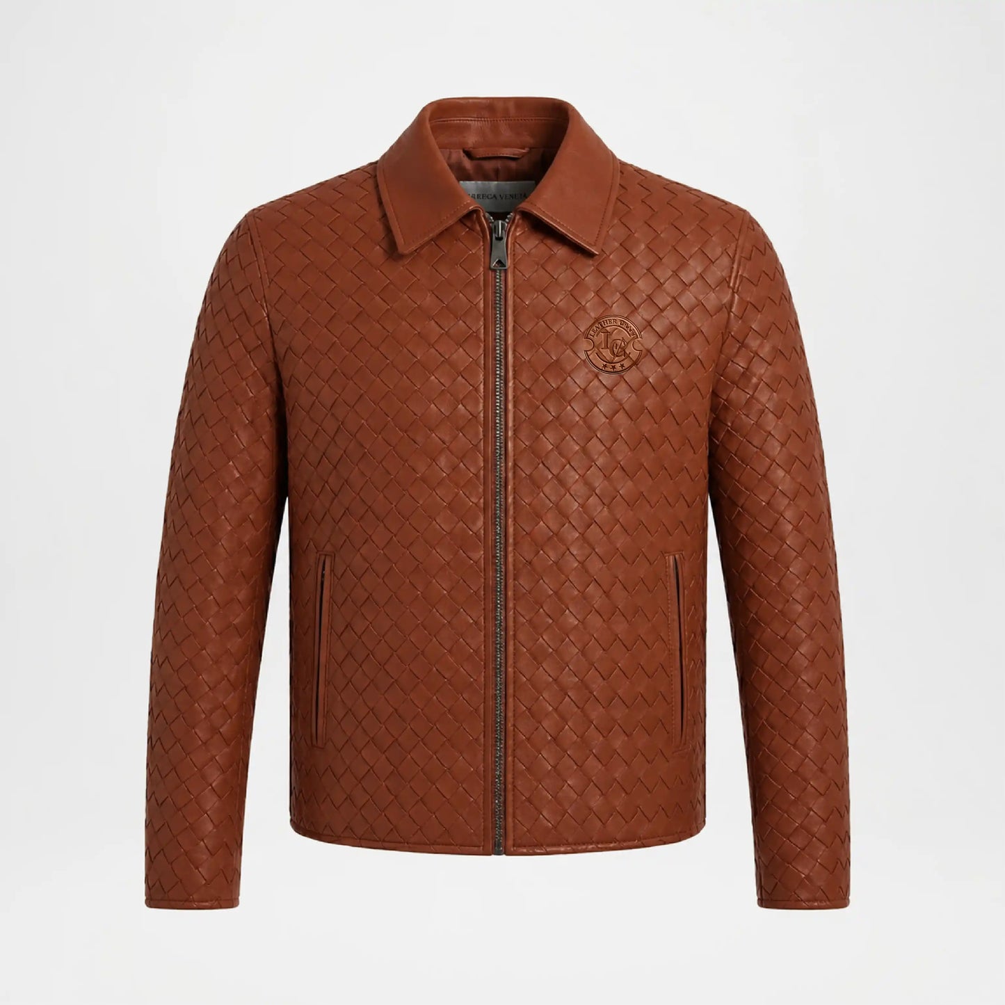 Men's Woven Leather Bomber Jacket Brown Genuine Leather front view