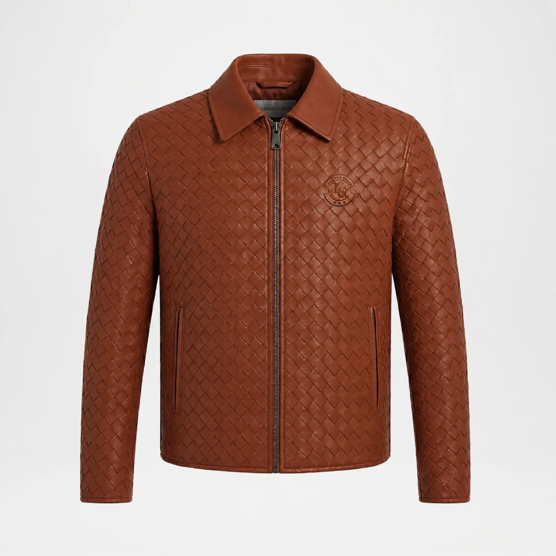 Men's Woven Leather Bomber Jacket Brown Genuine Leather front view