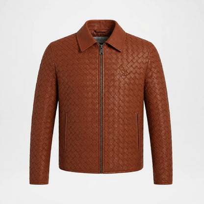 Men's Woven Leather Bomber Jacket Brown Genuine Leather front view
