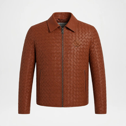 Men's Woven Leather Bomber Jacket Brown Genuine Leather front view