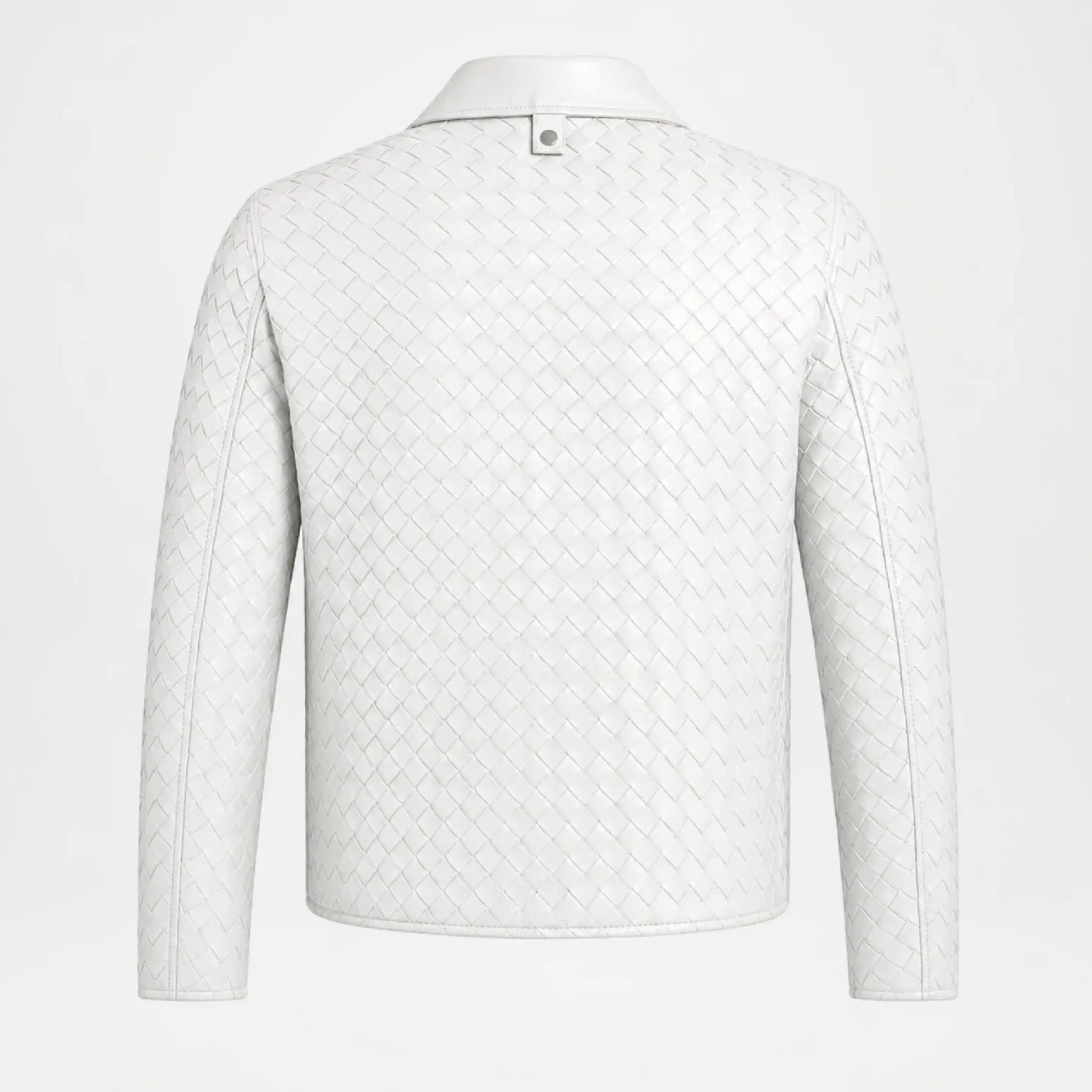 Back view of Men's Woven Leather Bomber Jacket in White Genuine Leather