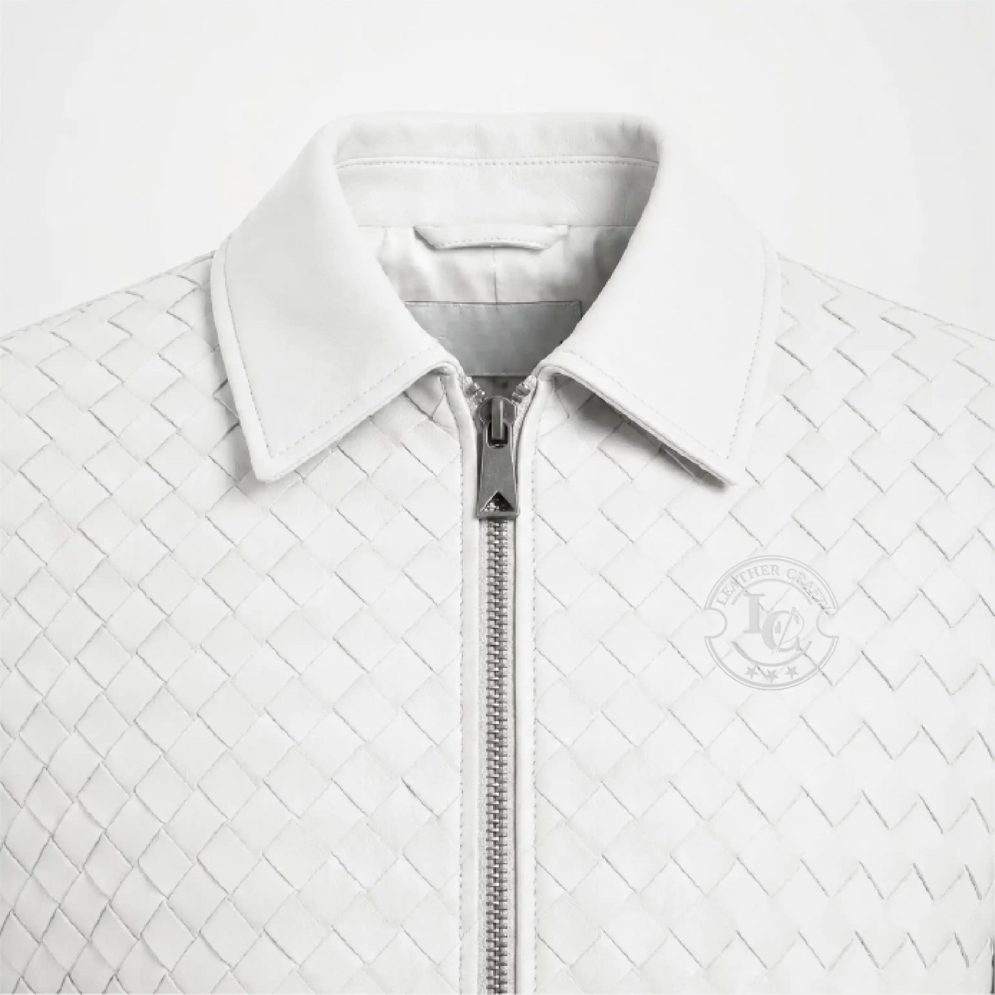 Men's Woven Leather Bomber Jacket showcasing genuine woven leather details