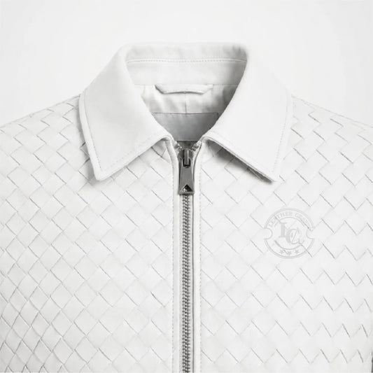 Men's Woven Leather Bomber Jacket showcasing genuine woven leather details
