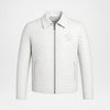 Men's Woven Leather Bomber Jacket White Genuine Leather front view
