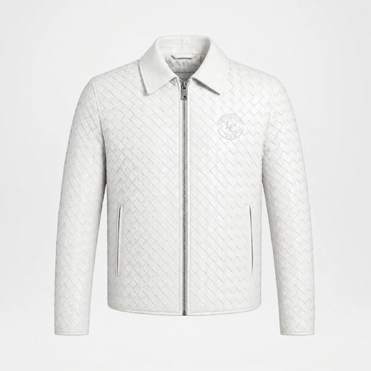 Men's Woven Leather Bomber Jacket White Genuine Leather front view