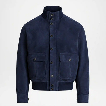 A navy blue suede jacket with a high stand-up collar, snap-button front, ribbed hem and cuffs, and two front flap pockets, shown on a plain light gray background.