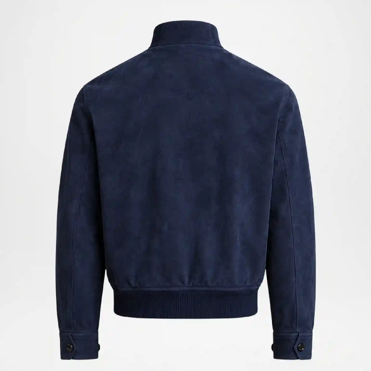 A dark navy blue suede jacket shown from the back, featuring a ribbed knit collar, cuffs, and hem, set against a plain light gray background.