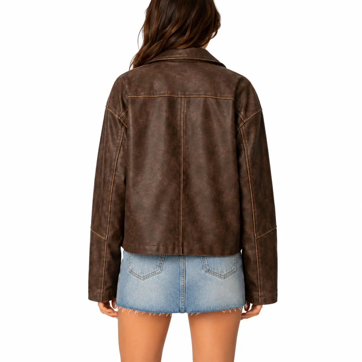 Women's distressed brown oversized leather jacket back view on white background