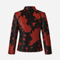 A women's long-sleeve blazer shown from the back, featuring a bold black and red abstract splatter pattern on a light gray background.