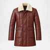 A brown faux leather jacket with a cream-colored shearling collar, featuring a button-up front, vertical quilted paneling, and two front flap pockets, shown against a plain white background.