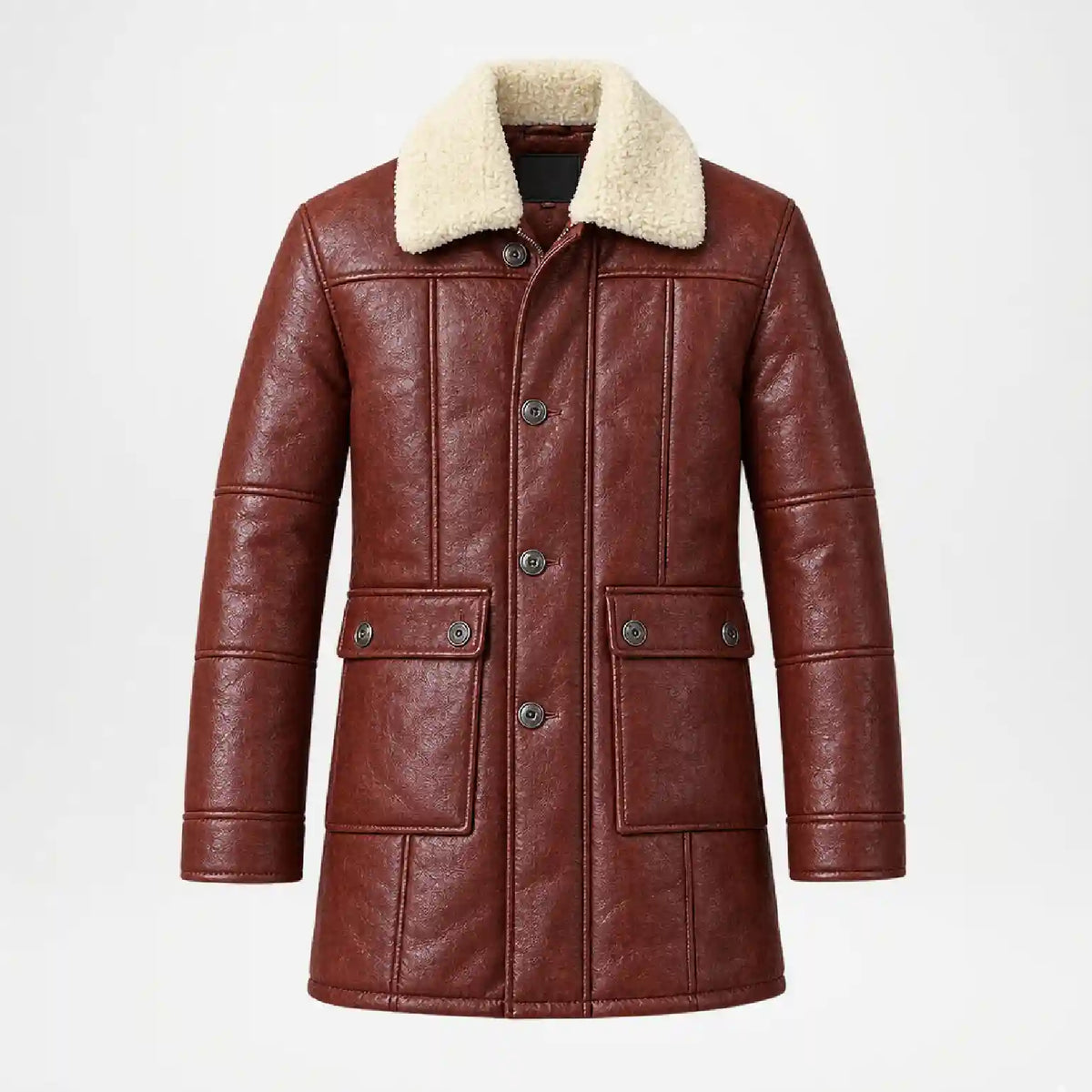 A brown faux leather jacket with a cream-colored shearling collar, featuring a button-up front, vertical quilted paneling, and two front flap pockets, shown against a plain white background.