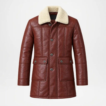 A brown faux leather jacket with a cream-colored shearling collar, featuring a button-up front, vertical quilted paneling, and two front flap pockets, shown against a plain white background.
