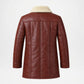 A brown faux-leather jacket with a cream-colored shearling collar, shown from the back against a plain white background.