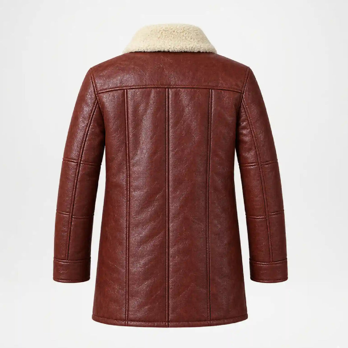 A brown faux-leather jacket with a cream-colored shearling collar, shown from the back against a plain white background.