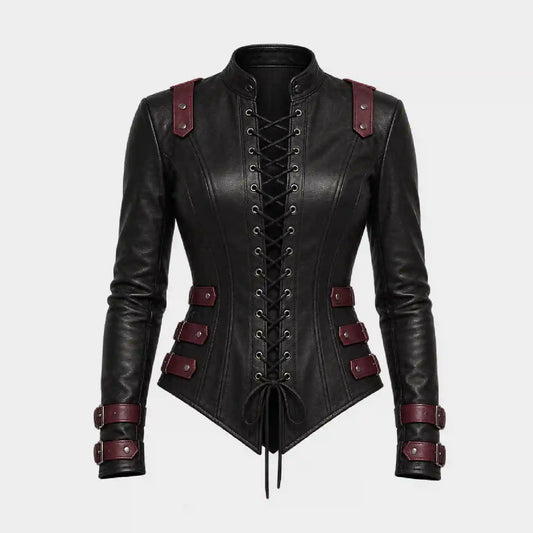 A black faux-leather corset-style jacket with burgundy accents, featuring a high collar, front lace-up closure, shoulder straps, and wrist cuffs, shown against a light gray background.