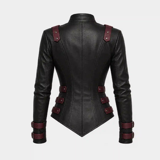 Black faux leather corset jacket with burgundy accents on the shoulders, waist, and cuffs, shown from the back on a light gray background.