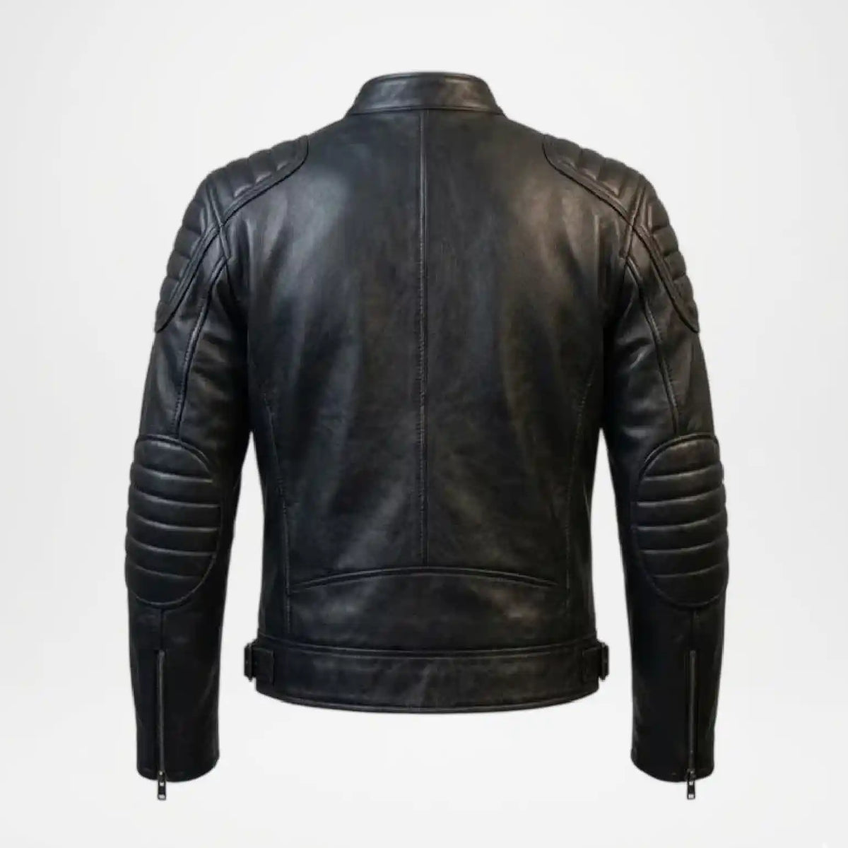 Black leather motorcycle jacket shown from the back, featuring quilted shoulder and elbow protection, a high collar, and zippered hand pockets, photographed against a light gray background.