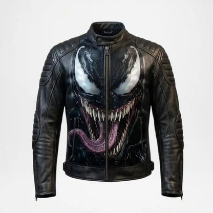A black leather motorcycle jacket featuring a large, detailed graphic print of the Venom character on the front, including white eyes, sharp teeth, and a pink tongue, shown against a plain light gray background.