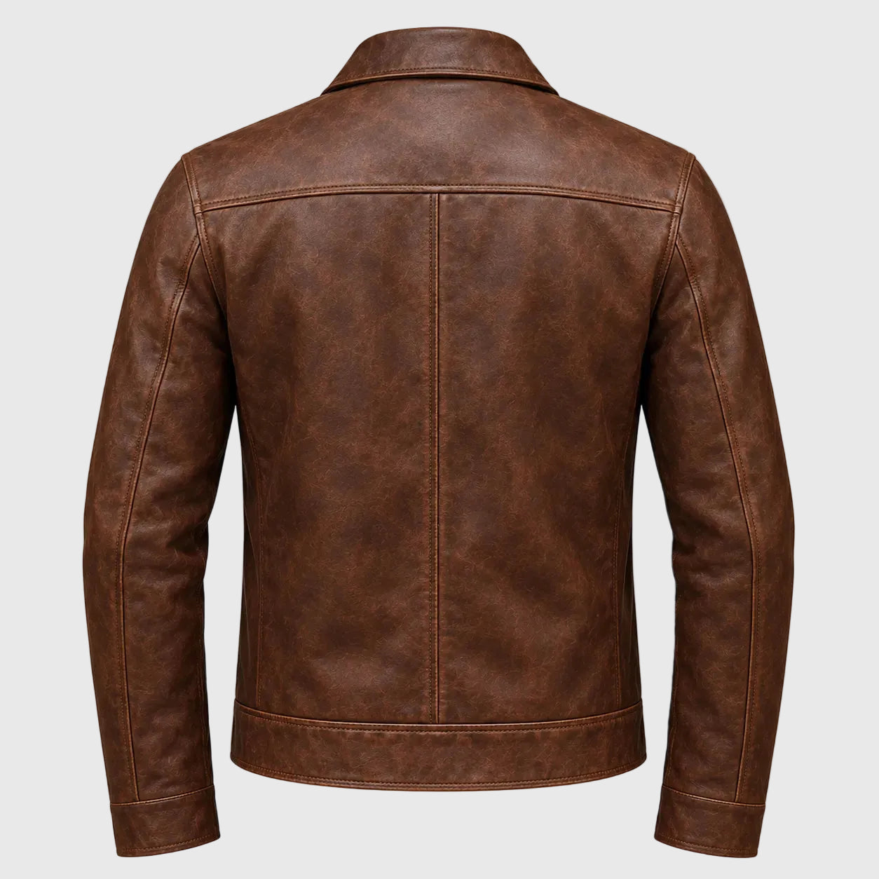 A brown faux leather jacket shown from the back, featuring a distressed texture and classic collar, set against a plain white background.