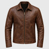 A brown distressed leather jacket with a front zipper, stand collar, and zippered hand pockets, shown on a plain white background.