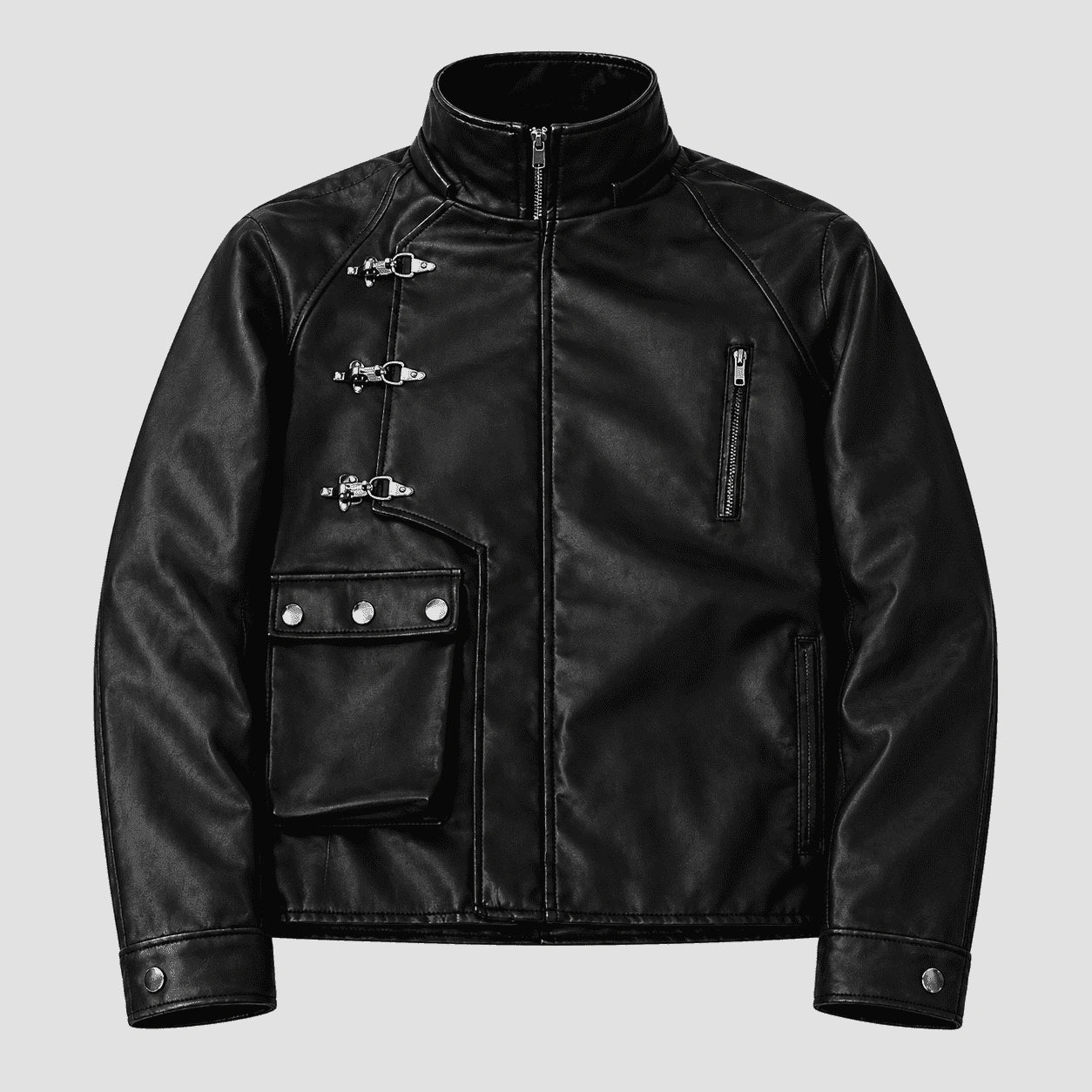 A black faux leather jacket with a high stand-up collar, front zipper, toggle closures on the chest, and a zippered chest pocket, shown against a solid light gray background.
