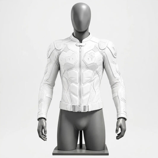 White Armor Leather Jacket for Men Biker Slim Fit Coat front view