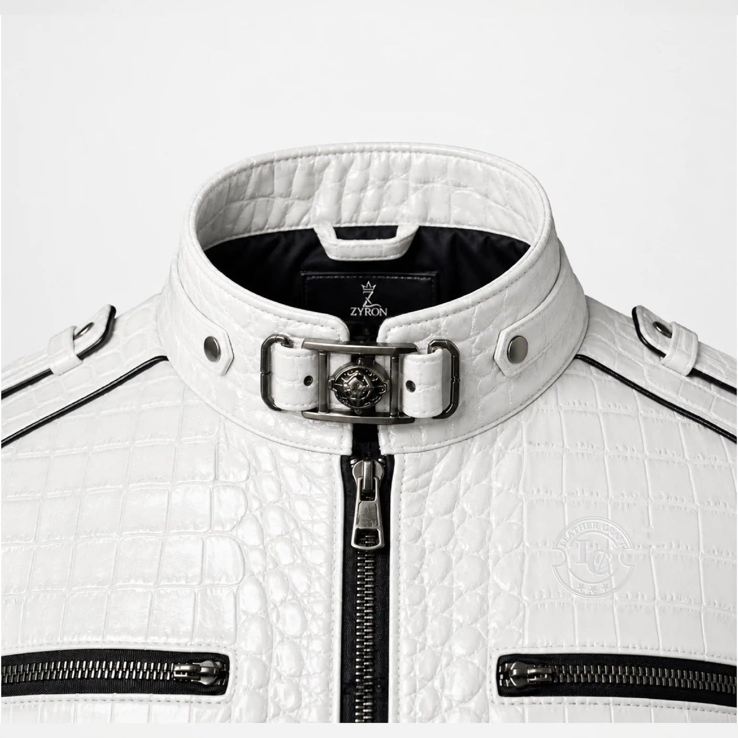 White Crocodile Leather Jacket for Men with crocodile texture details