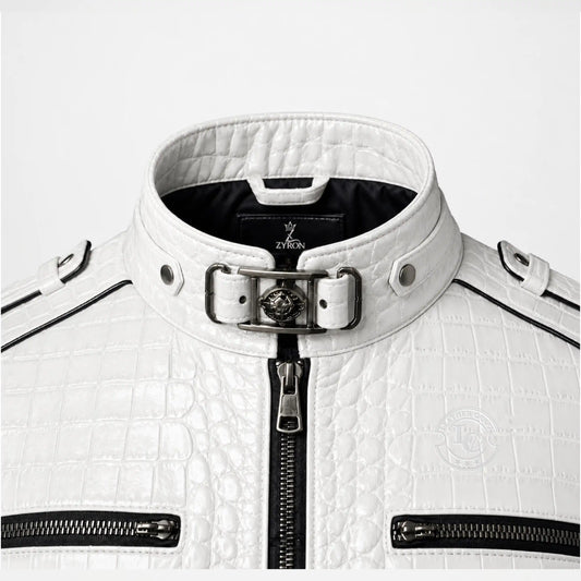 White Crocodile Leather Jacket for Men with crocodile texture details