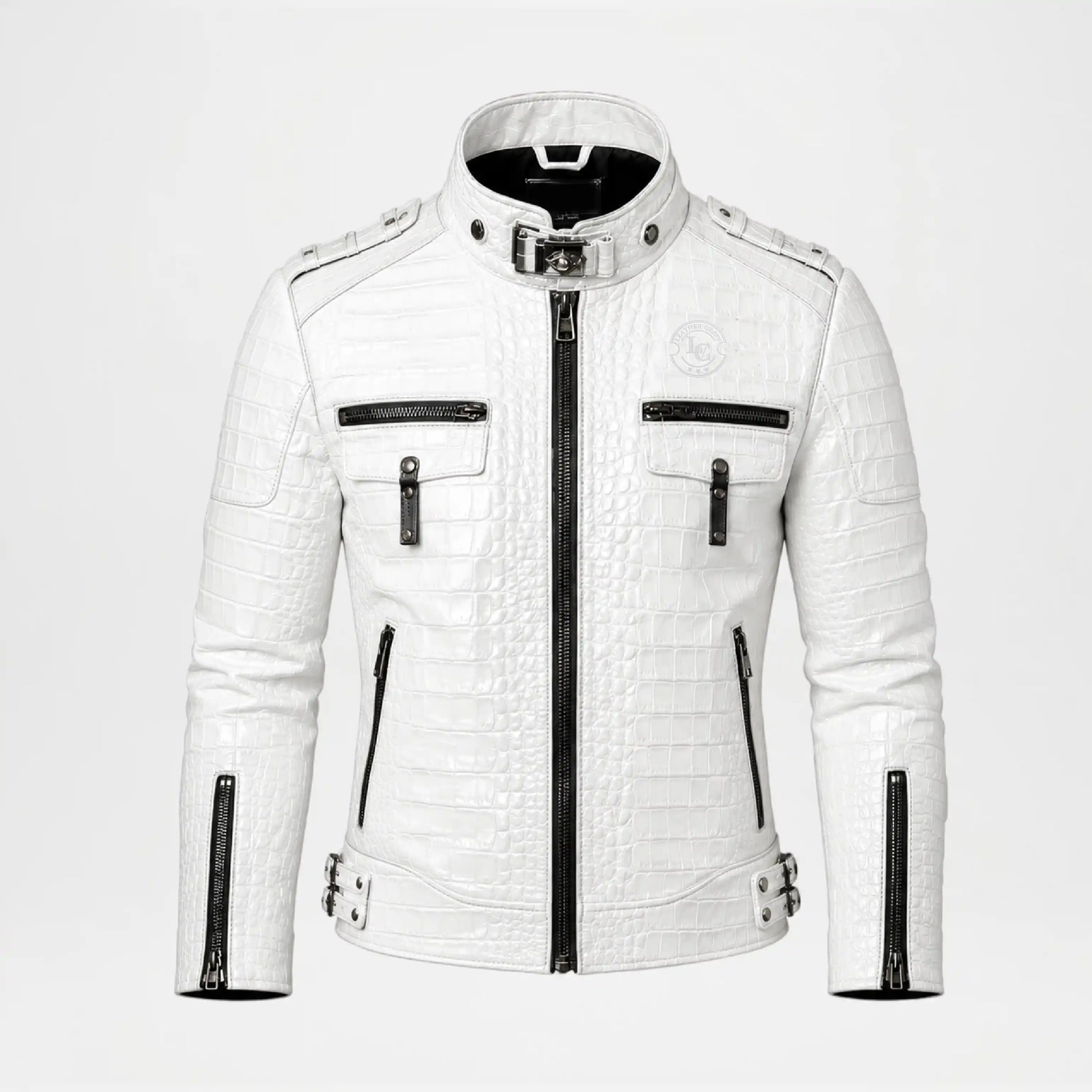 White Crocodile Leather Jacket for Men front view