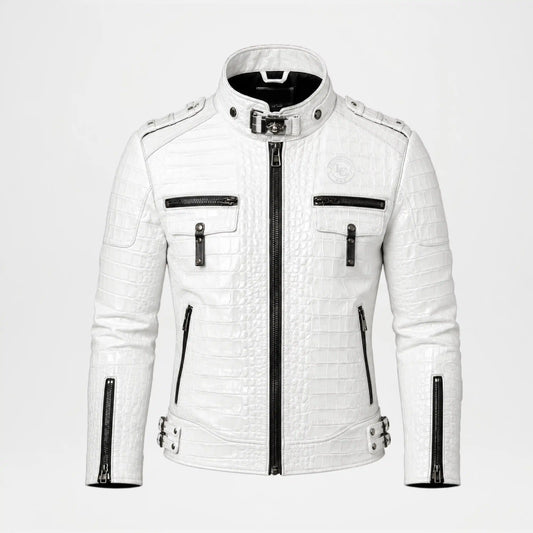 White Crocodile Leather Jacket for Men front view