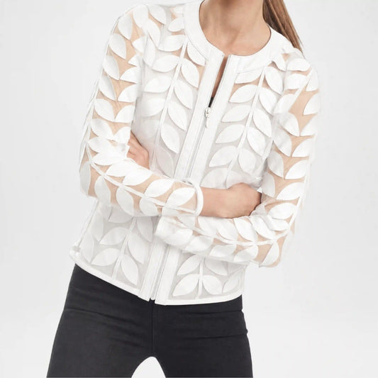 White Leather Leaf Applique Jacket for Women with leaf applique details