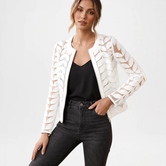 White Leather Leaf Applique Jacket for Women front view