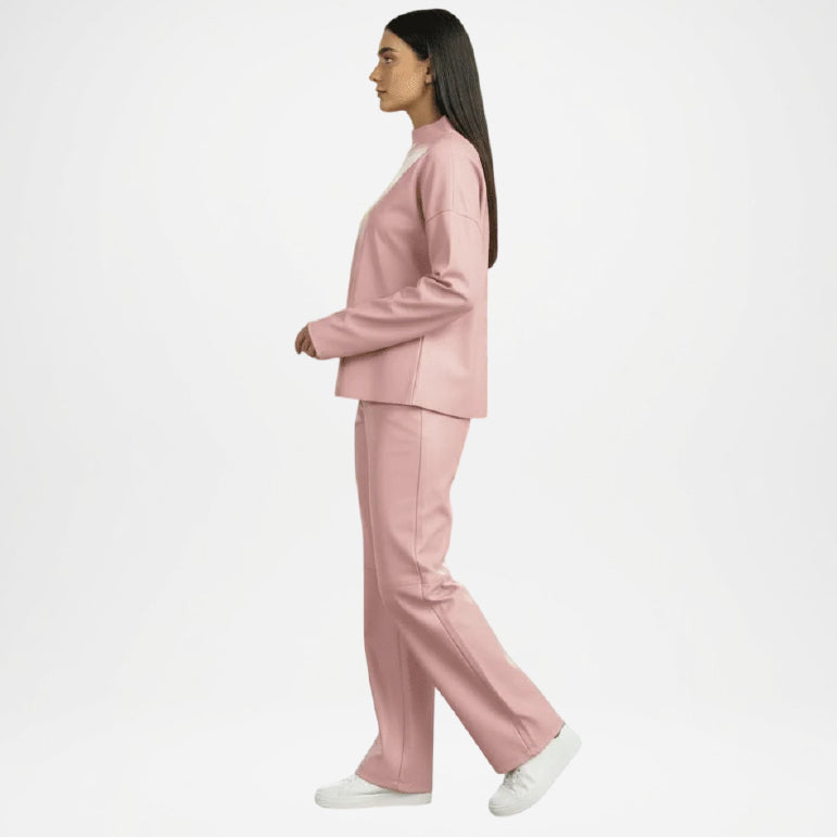 Baby Pink Faux Leather Mock Neck Co-Ord Set side view