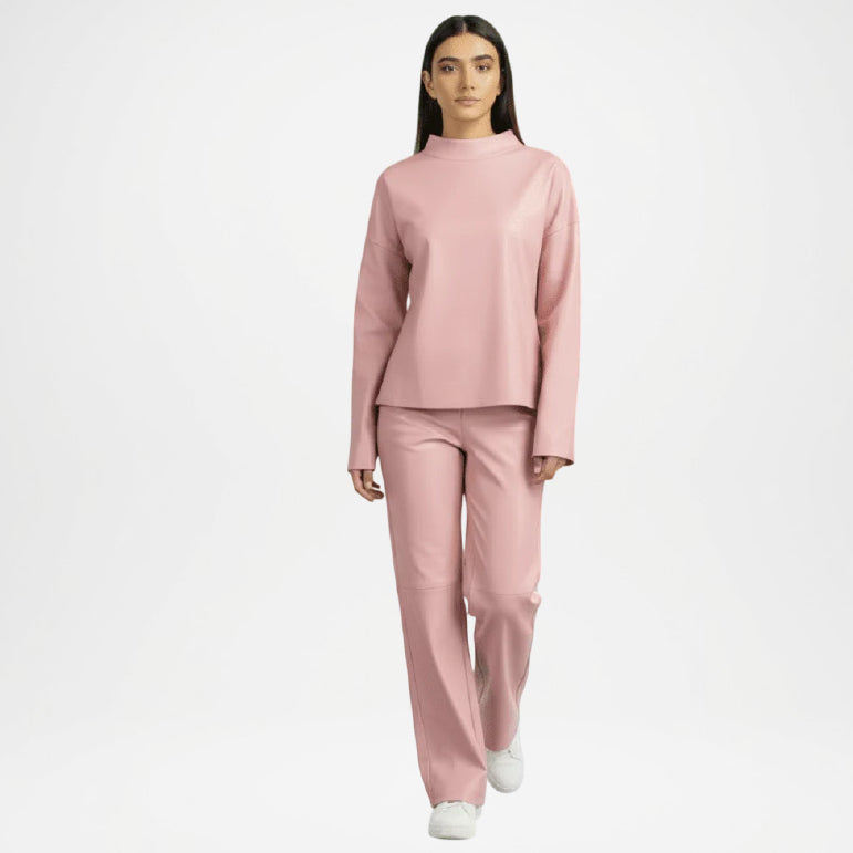 Baby Pink Faux Leather Mock Neck Co-Ord Set