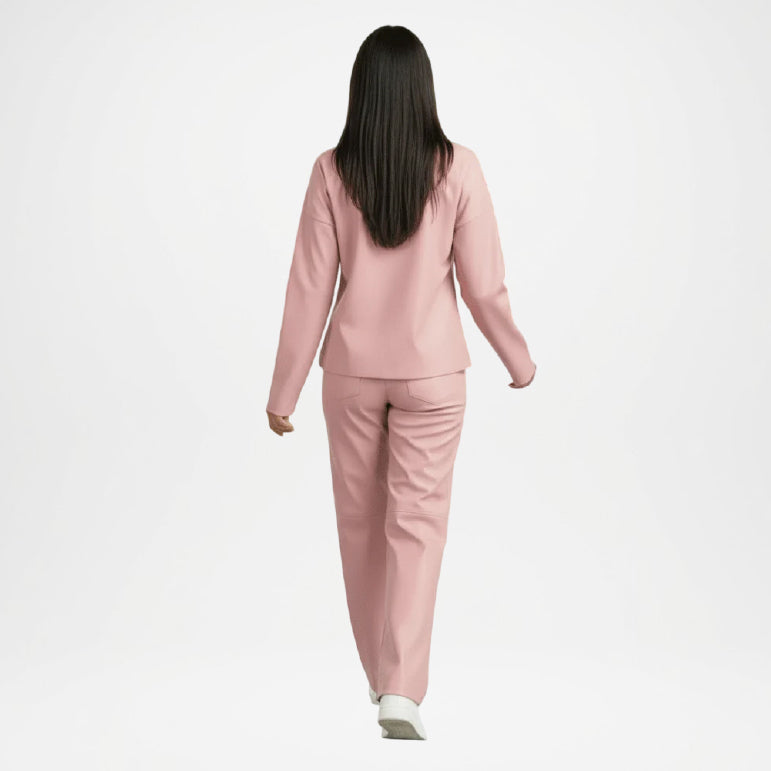 Baby Pink Faux Leather Mock Neck Co-Ord Set back view