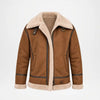 A brown shearling-lined aviator jacket with dark brown leather trim, shown on a clean white background.