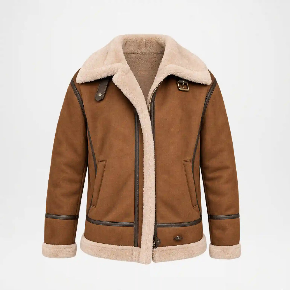 A brown shearling-lined aviator jacket with dark brown leather trim, shown on a clean white background.